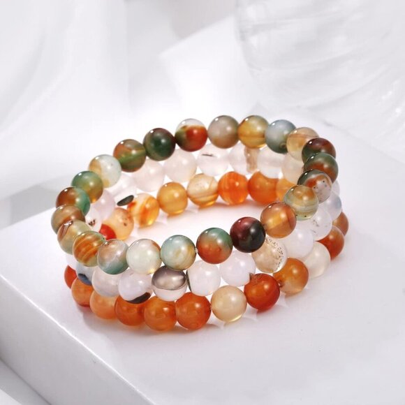 8MM Natural Agate Beads Bracelet 3 Piece Handmade Unisex Stretch Jewelry - Picture 3 of 4